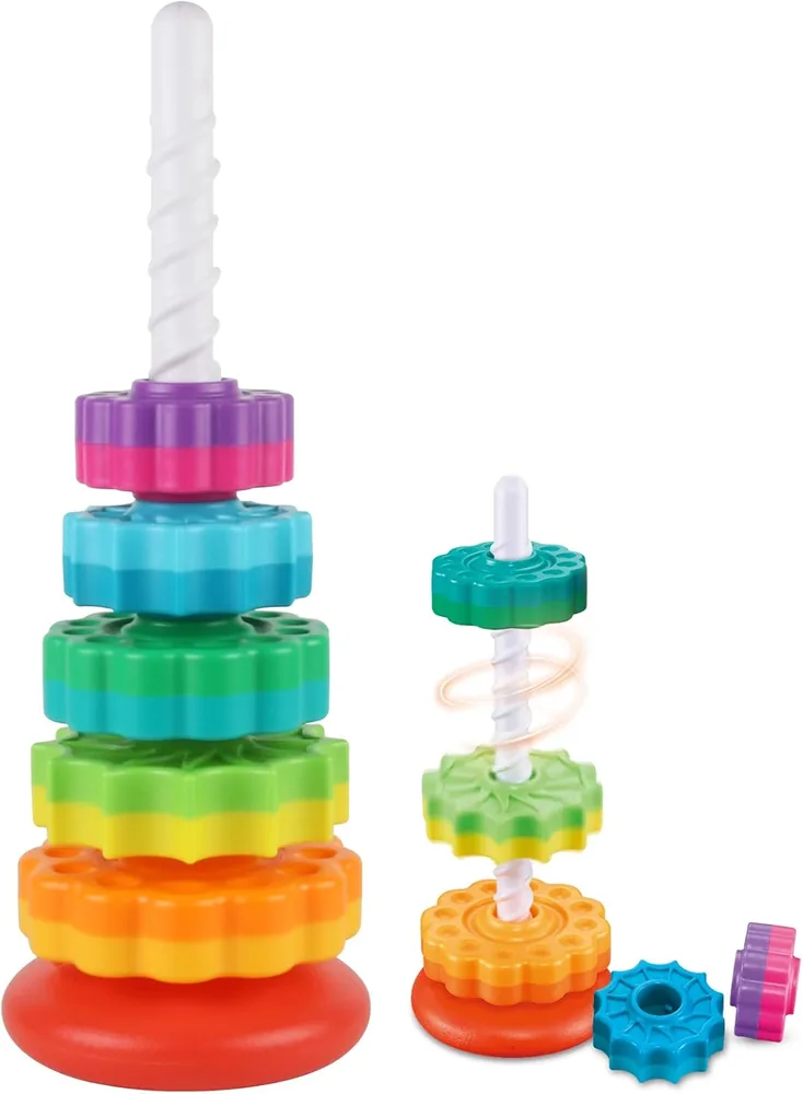 Rainbow spinning stacker with discs on the screw pole