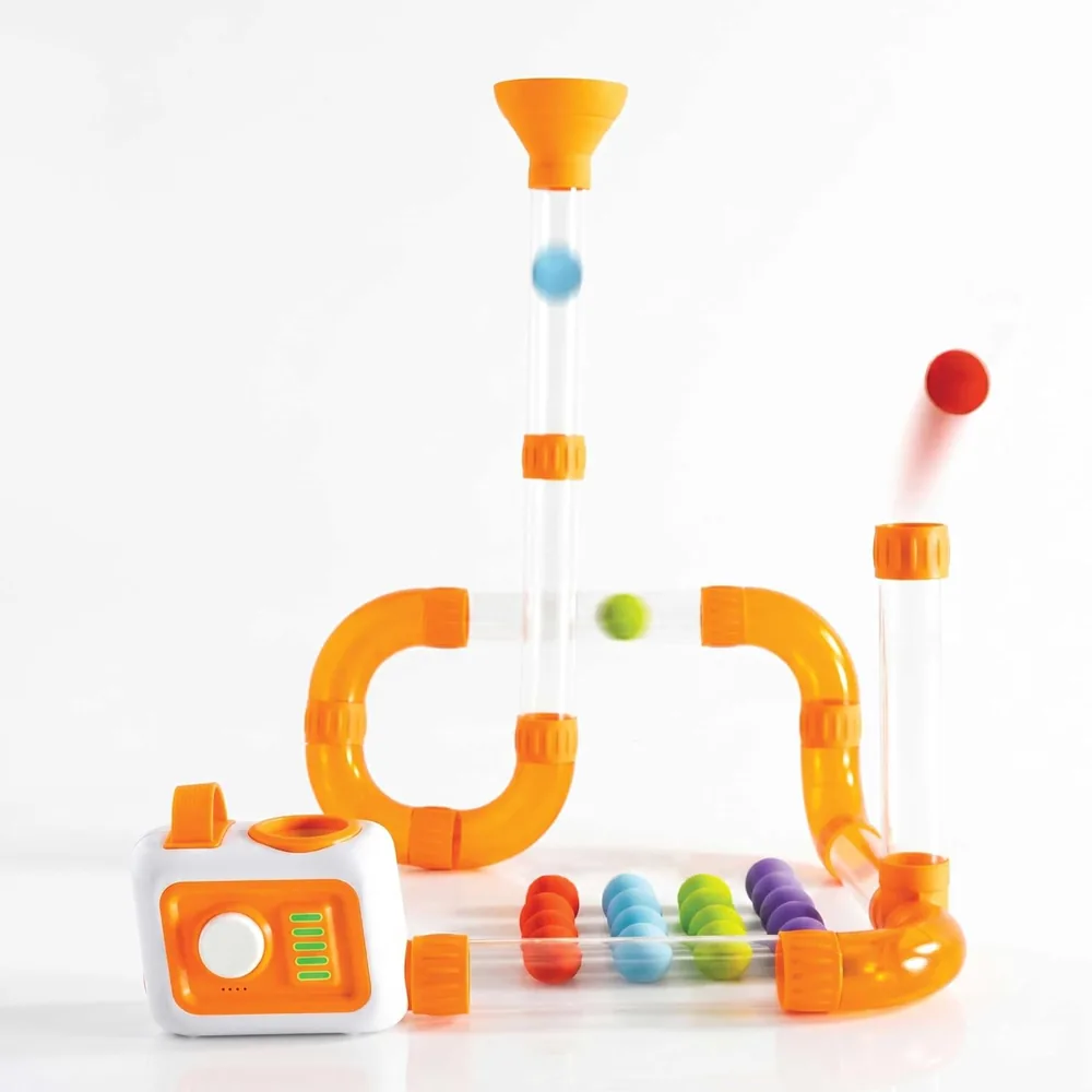 Air Toobz set: fan base, orange tubes, funnel and foam balls